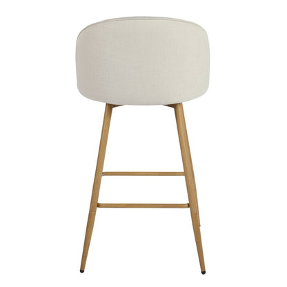 Set of Two 27" Beige And Oak Fabric And Metal Low Back Counter Height Swivel Bar Chairs