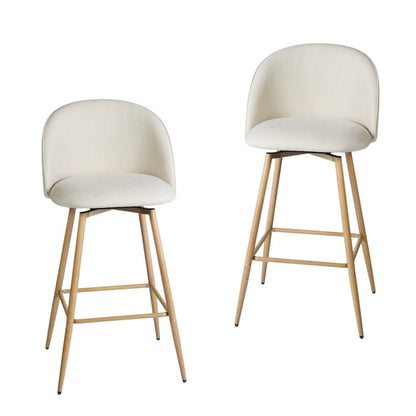 Set of Two 27" Beige And Oak Fabric And Metal Low Back Counter Height Swivel Bar Chairs