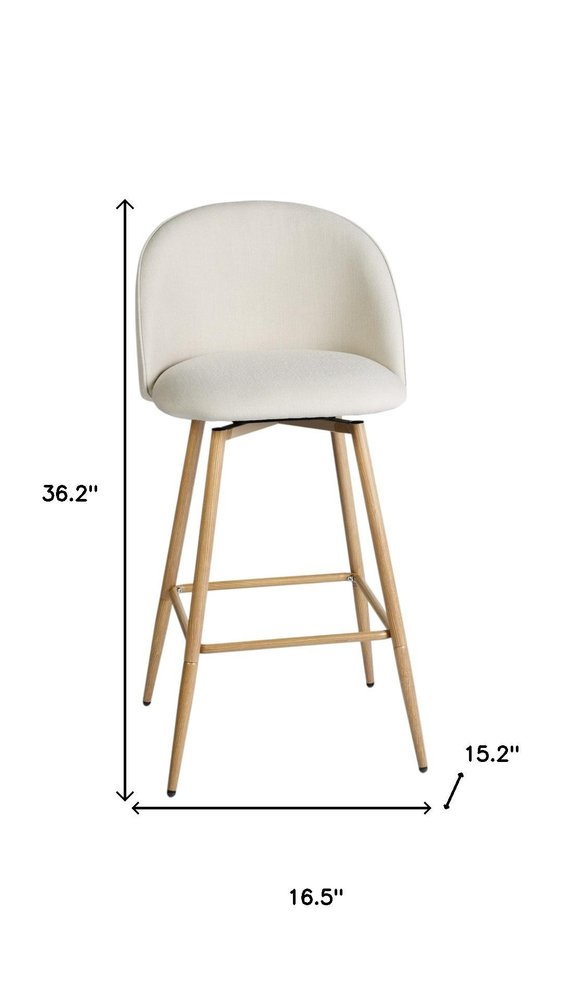 Set of Two 27" Beige And Oak Fabric And Metal Low Back Counter Height Swivel Bar Chairs