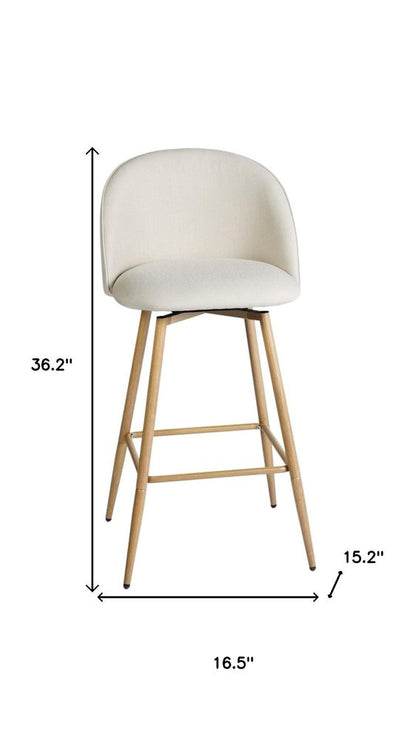 Set of Two 27" Beige And Oak Fabric And Metal Low Back Counter Height Swivel Bar Chairs
