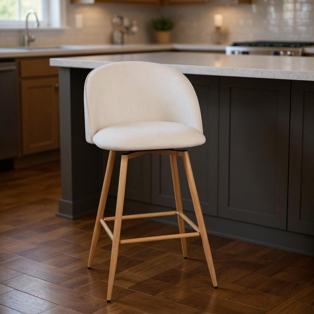 Set of Two 27" Beige And Oak Fabric And Metal Low Back Counter Height Swivel Bar Chairs