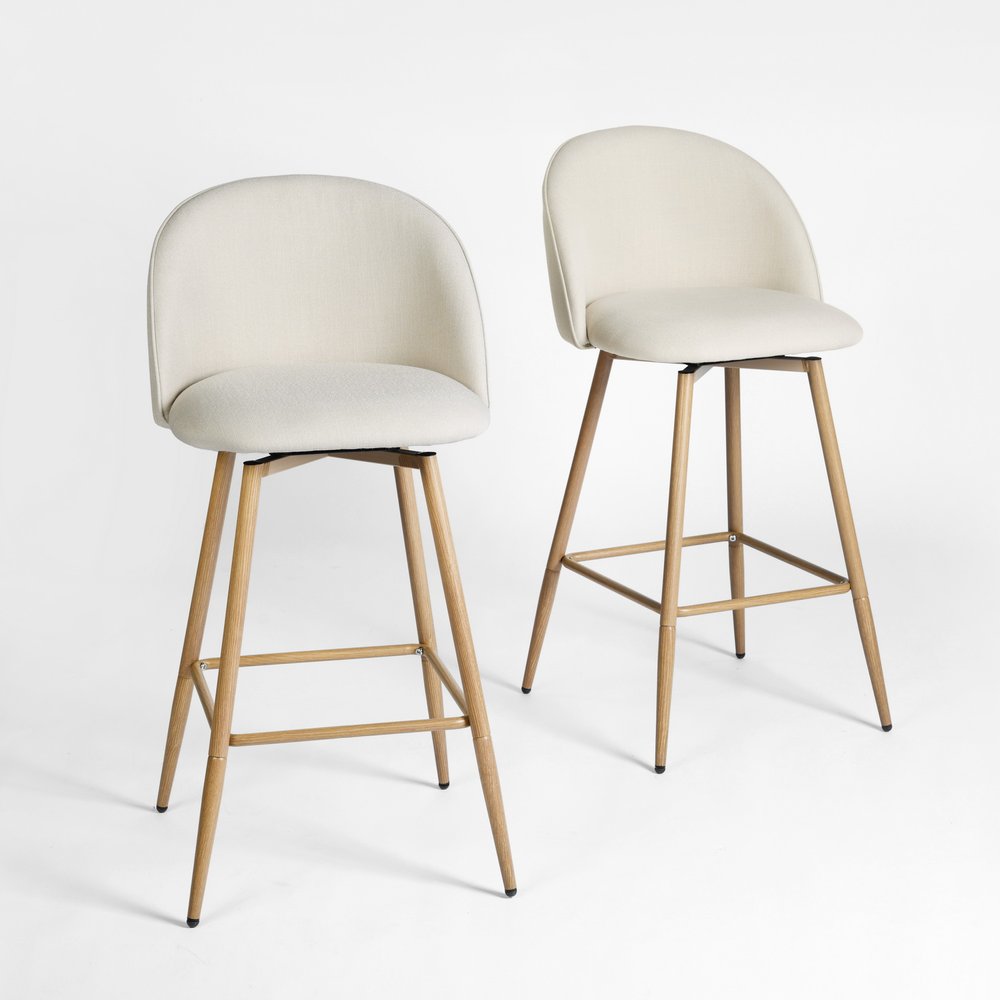 Set of Two 27" Beige And Oak Fabric And Metal Low Back Counter Height Swivel Bar Chairs