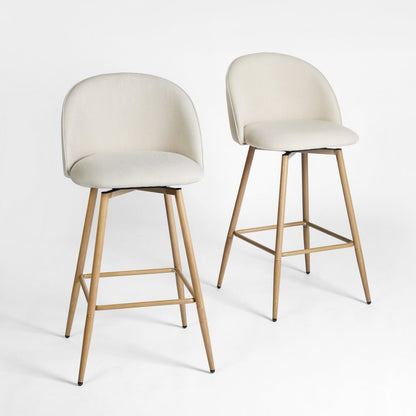 Set of Two 27" Beige And Oak Fabric And Metal Low Back Counter Height Swivel Bar Chairs