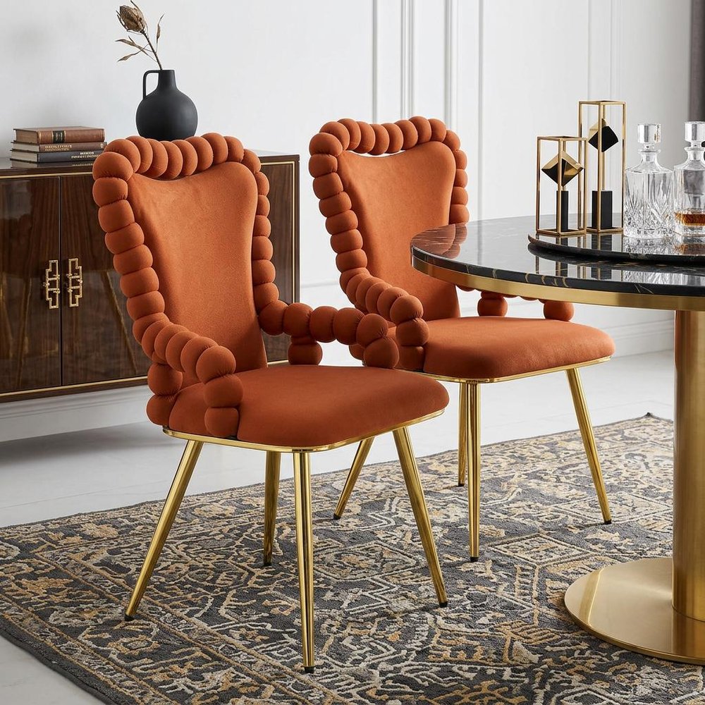 Set of Two Brown And Gold Chenille And Metal Dining Arm Chairs