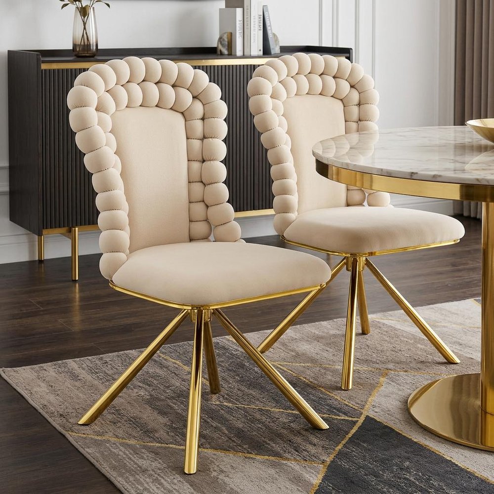 Set of Two Beige And Gold Velvet And Metal Dining Side Chairs
