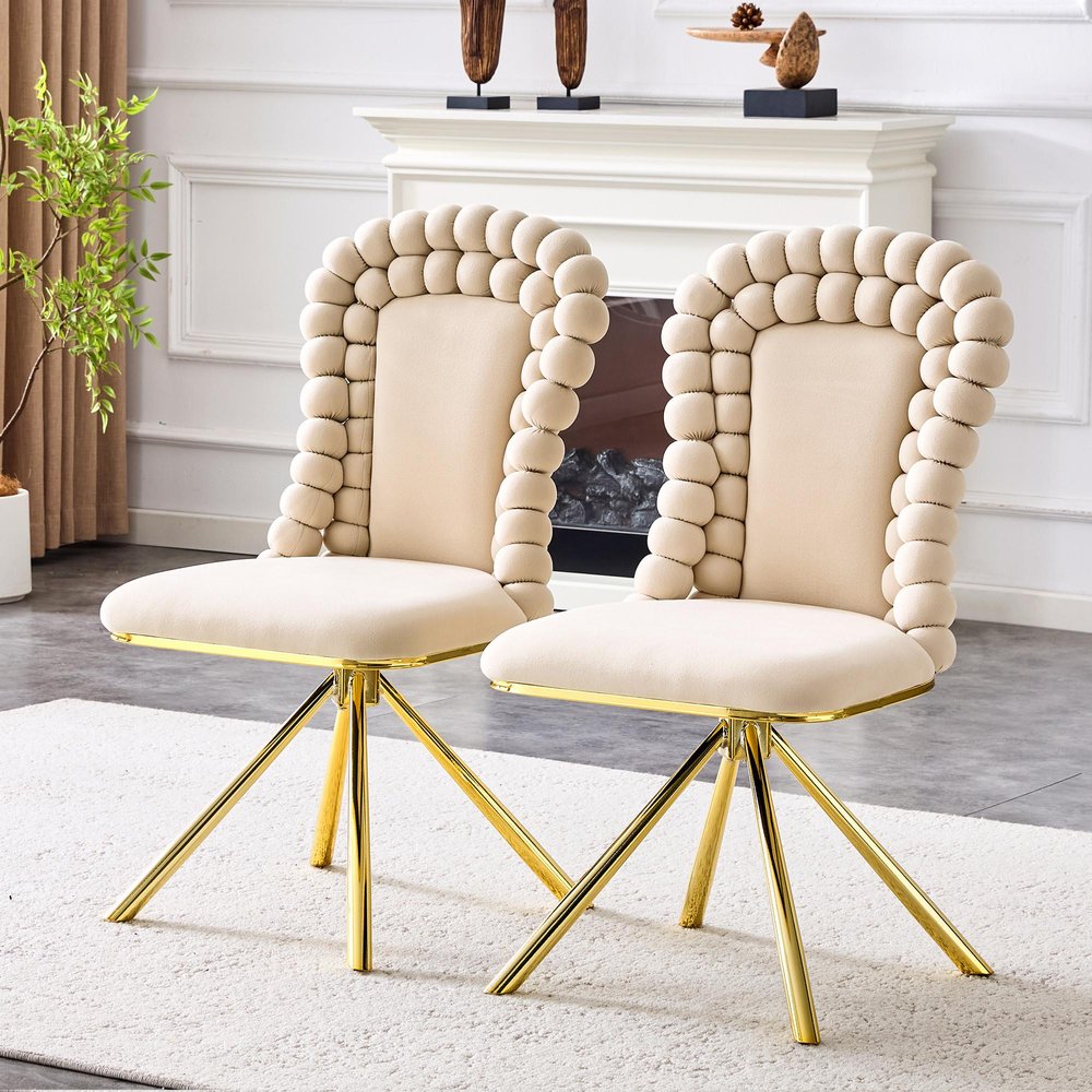 Set of Two Beige And Gold Velvet And Metal Dining Side Chairs