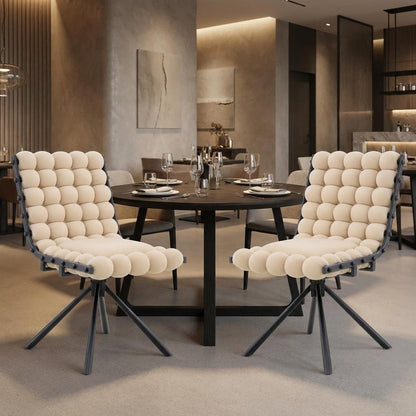Set of Two Beige and Black Bubble Tufted Microfiber Dining Side Chairs