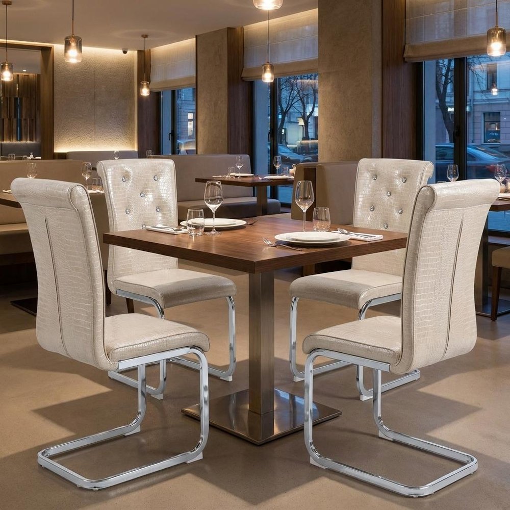 Set of Four Beige And Silver Tufted Faux Leather And Metal Dining Side Chairs