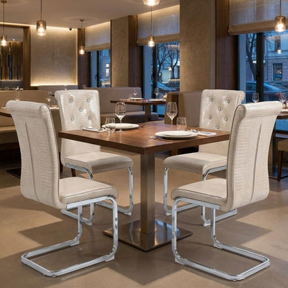 Set of Four Beige And Silver Tufted Faux Leather And Metal Dining Side Chairs