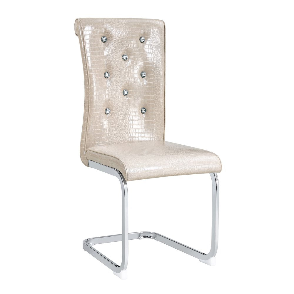 Set of Four Beige And Silver Tufted Faux Leather And Metal Dining Side Chairs