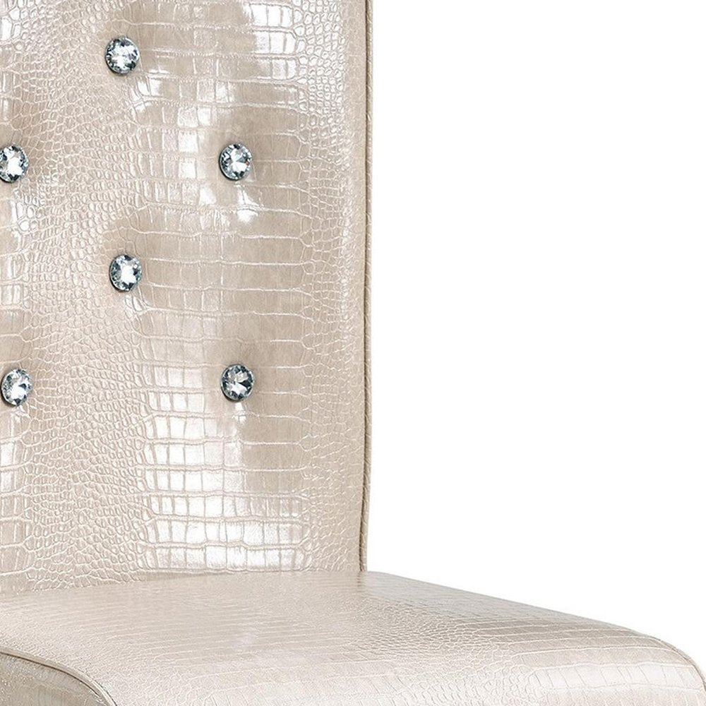 Set of Four Beige And Silver Tufted Faux Leather And Metal Dining Side Chairs