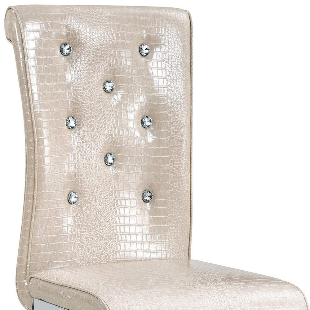 Set of Four Beige And Silver Tufted Faux Leather And Metal Dining Side Chairs