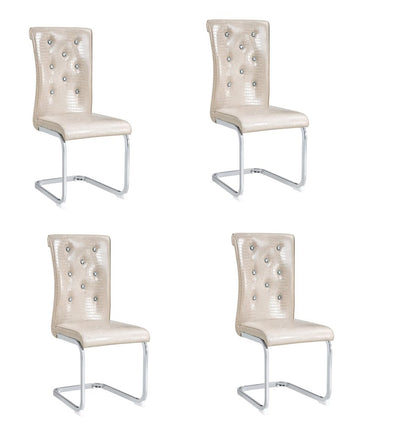 Set of Four Beige And Silver Tufted Faux Leather And Metal Dining Side Chairs
