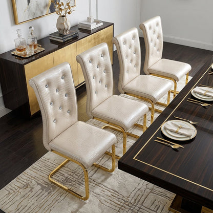 Set of Four Beige And Gold Tufted Faux Leather And Metal Dining Side Chairs