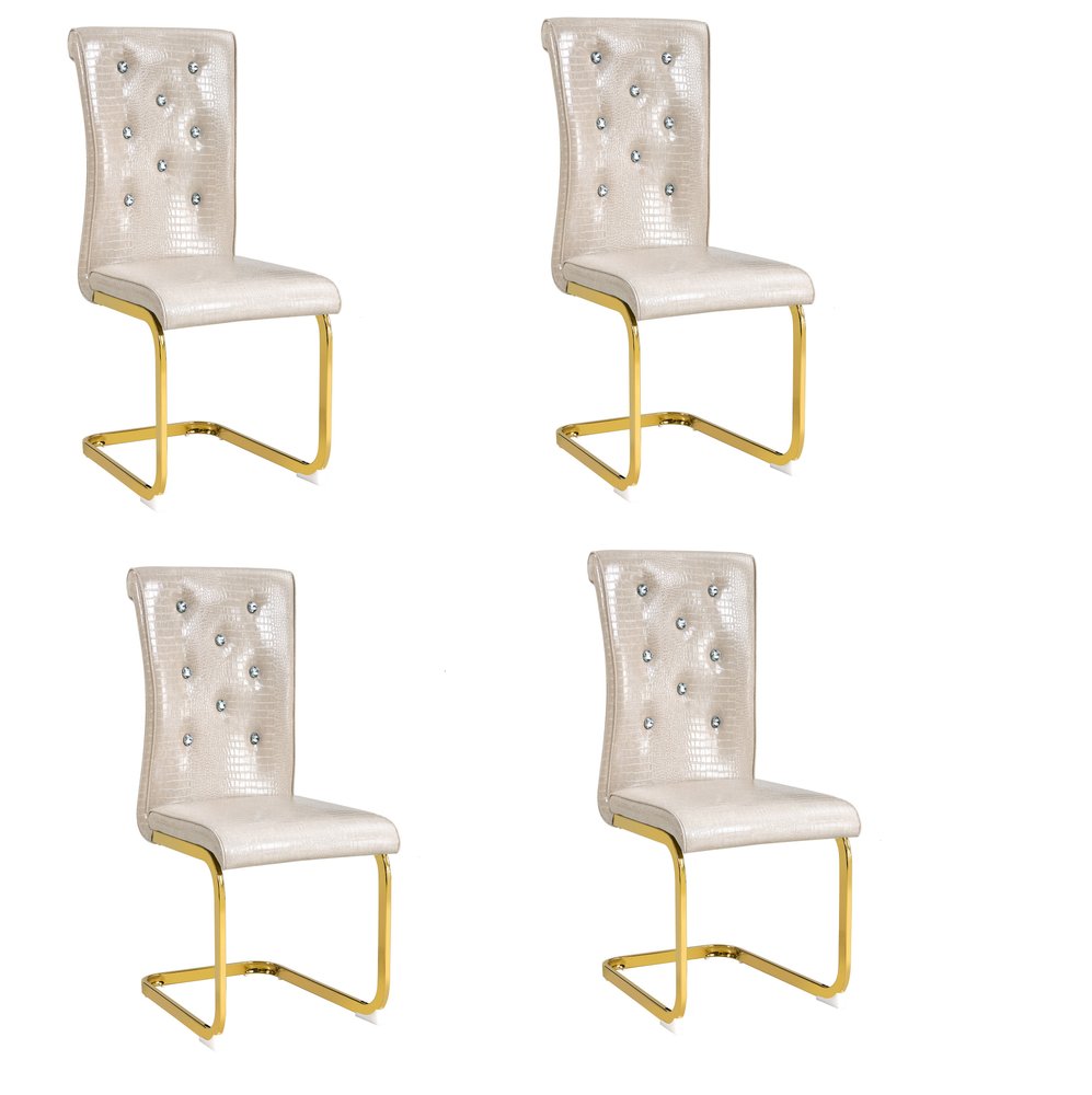 Set of Four Beige And Gold Tufted Faux Leather And Metal Dining Side Chairs