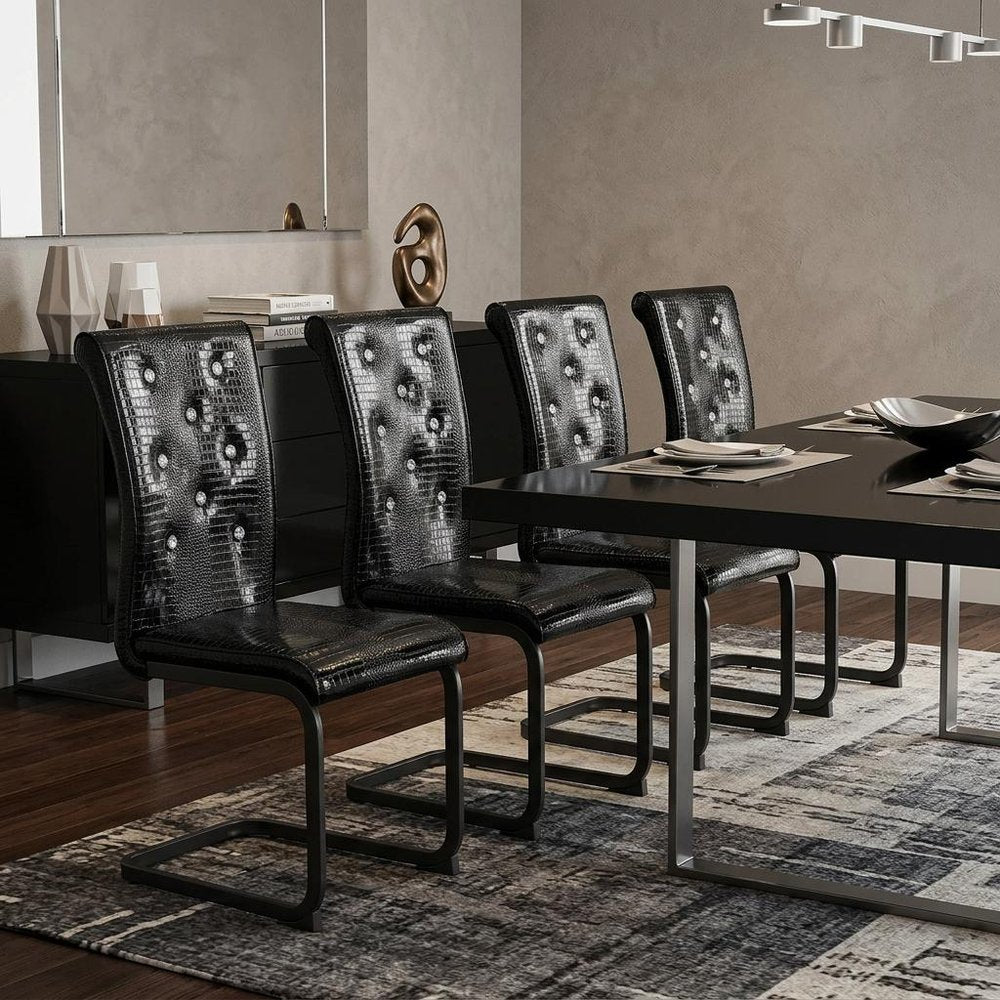 Set of Four Black Tufted Faux Leather And Metal Dining Side Chairs
