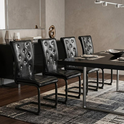 Set of Four Black Tufted Faux Leather And Metal Dining Side Chairs