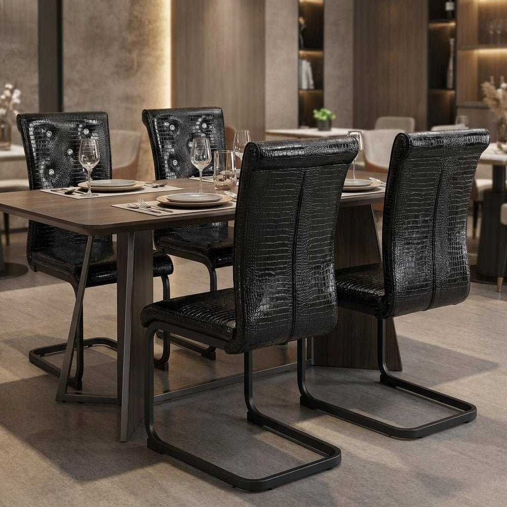 Set of Four Black Tufted Faux Leather And Metal Dining Side Chairs