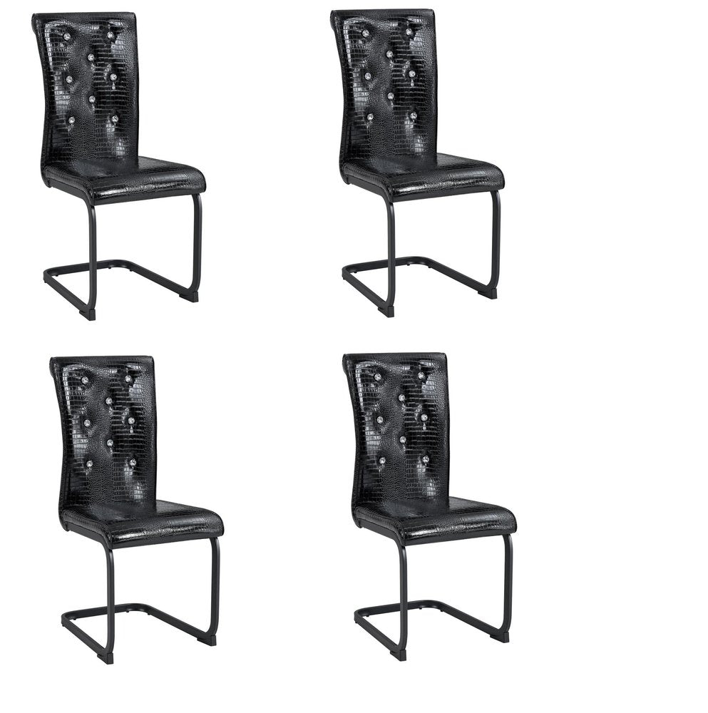 Set of Four Black Tufted Faux Leather And Metal Dining Side Chairs
