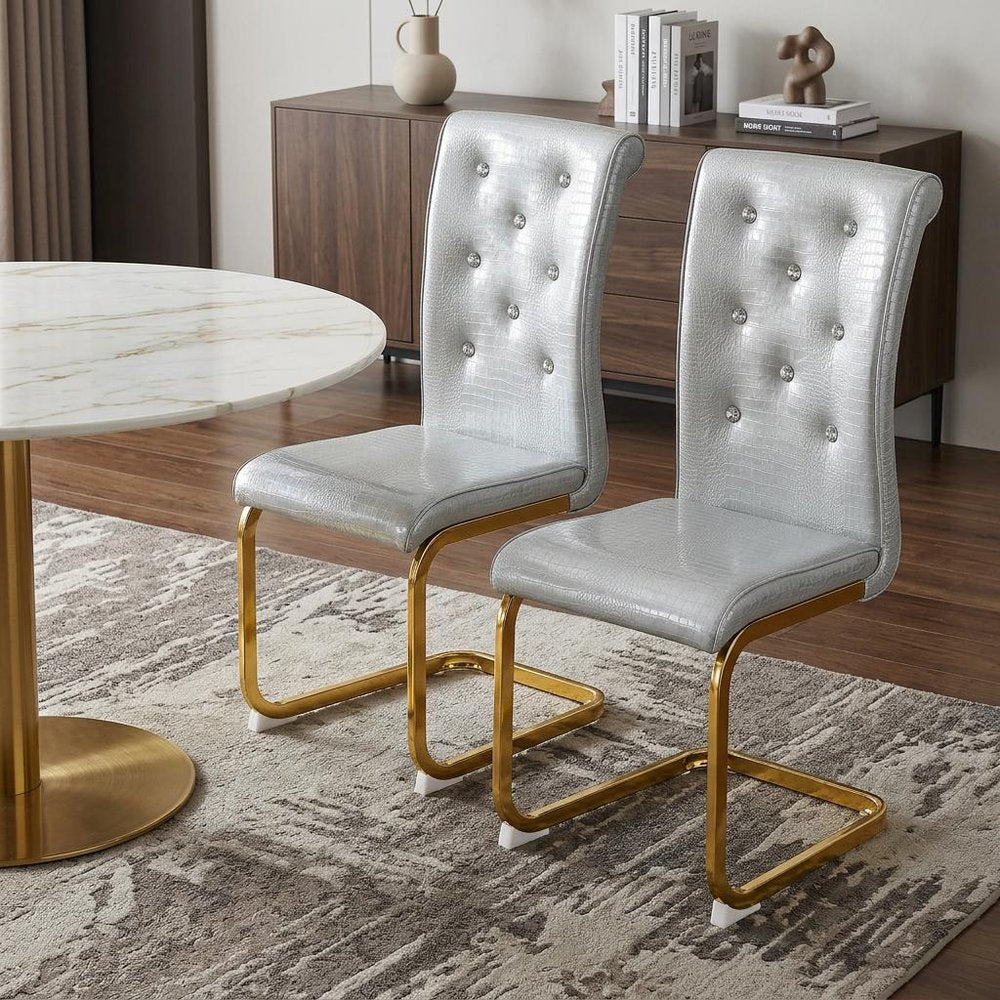 Set of Two Gray And Gold Tufted Faux Leather And Metal Dining Side Chairs