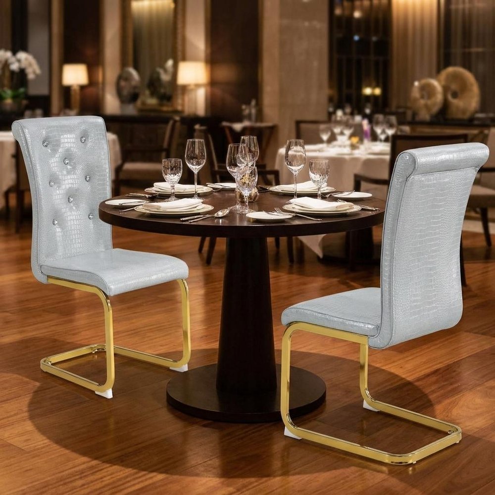 Set of Two Gray And Gold Tufted Faux Leather And Metal Dining Side Chairs