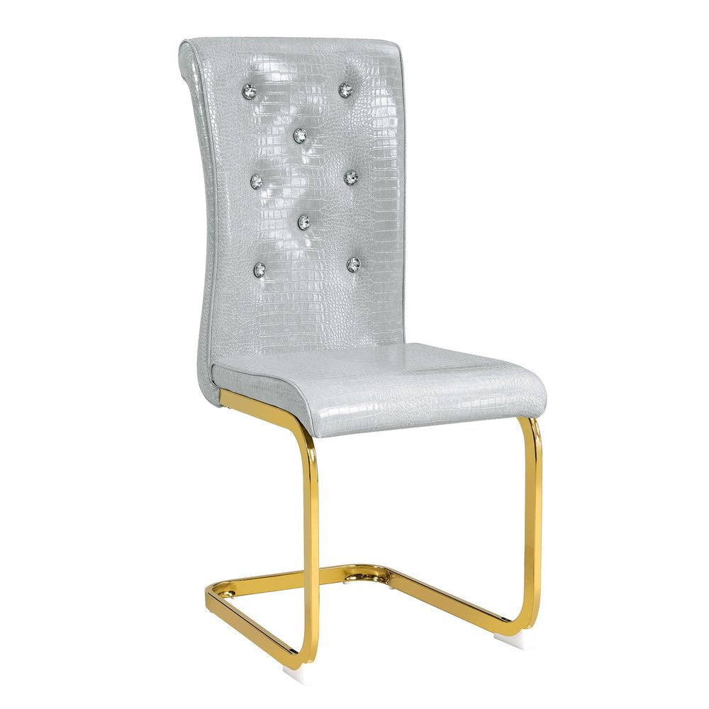 Set of Two Gray And Gold Tufted Faux Leather And Metal Dining Side Chairs