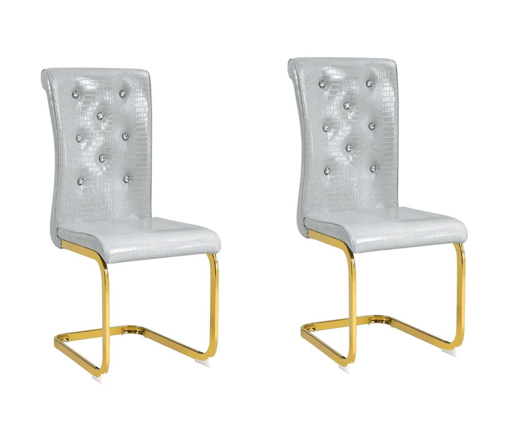 Set of Two Gray And Gold Tufted Faux Leather And Metal Dining Side Chairs