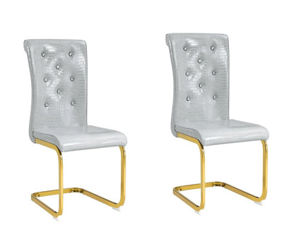Set of Two Gray And Gold Tufted Faux Leather And Metal Dining Side Chairs