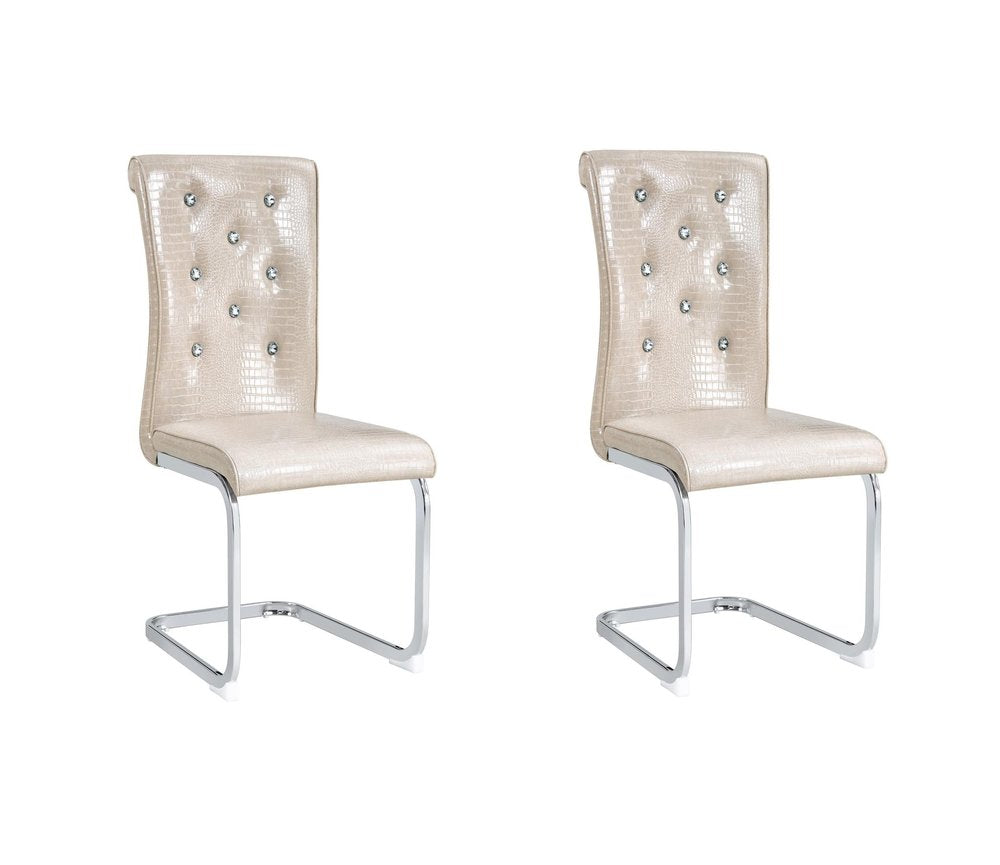 Set of Two Beige And Silver Faux Leather And Metal Dining Side Chairs