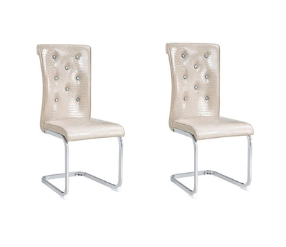 Set of Two Beige And Silver Faux Leather And Metal Dining Side Chairs