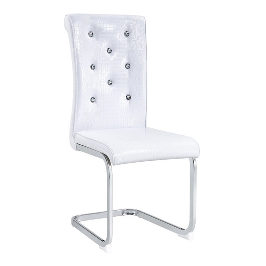 Set of Two White And Silver Tufted Faux Leather And Metal Dining Side Chairs