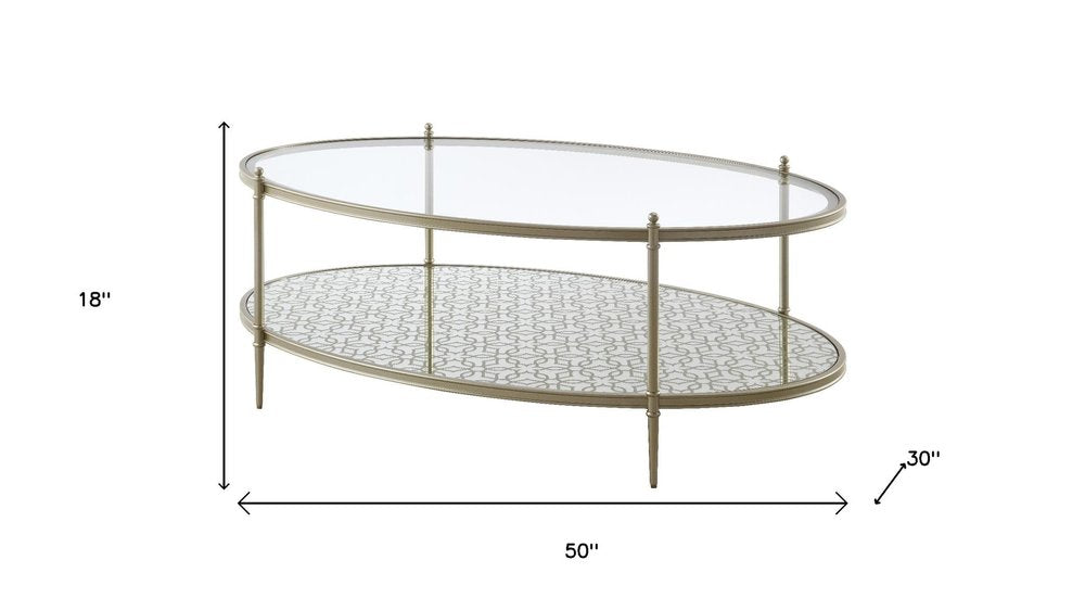 50" Clear and Champagne Glass and Steel Oval Coffee Table