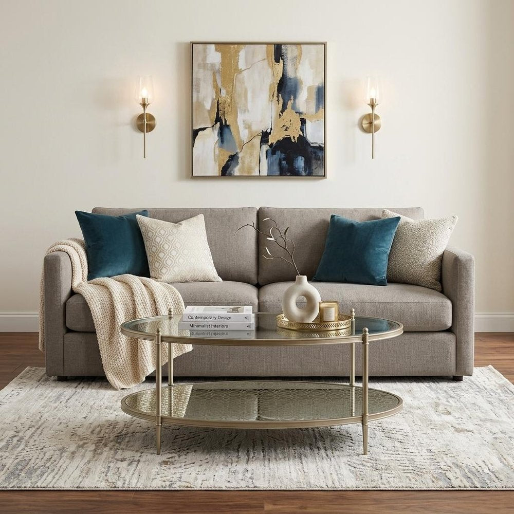 50" Clear and Champagne Glass and Steel Oval Coffee Table