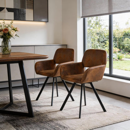 Set of Two Espresso and Black Faux Suede and Steel Dining Arm Chairs