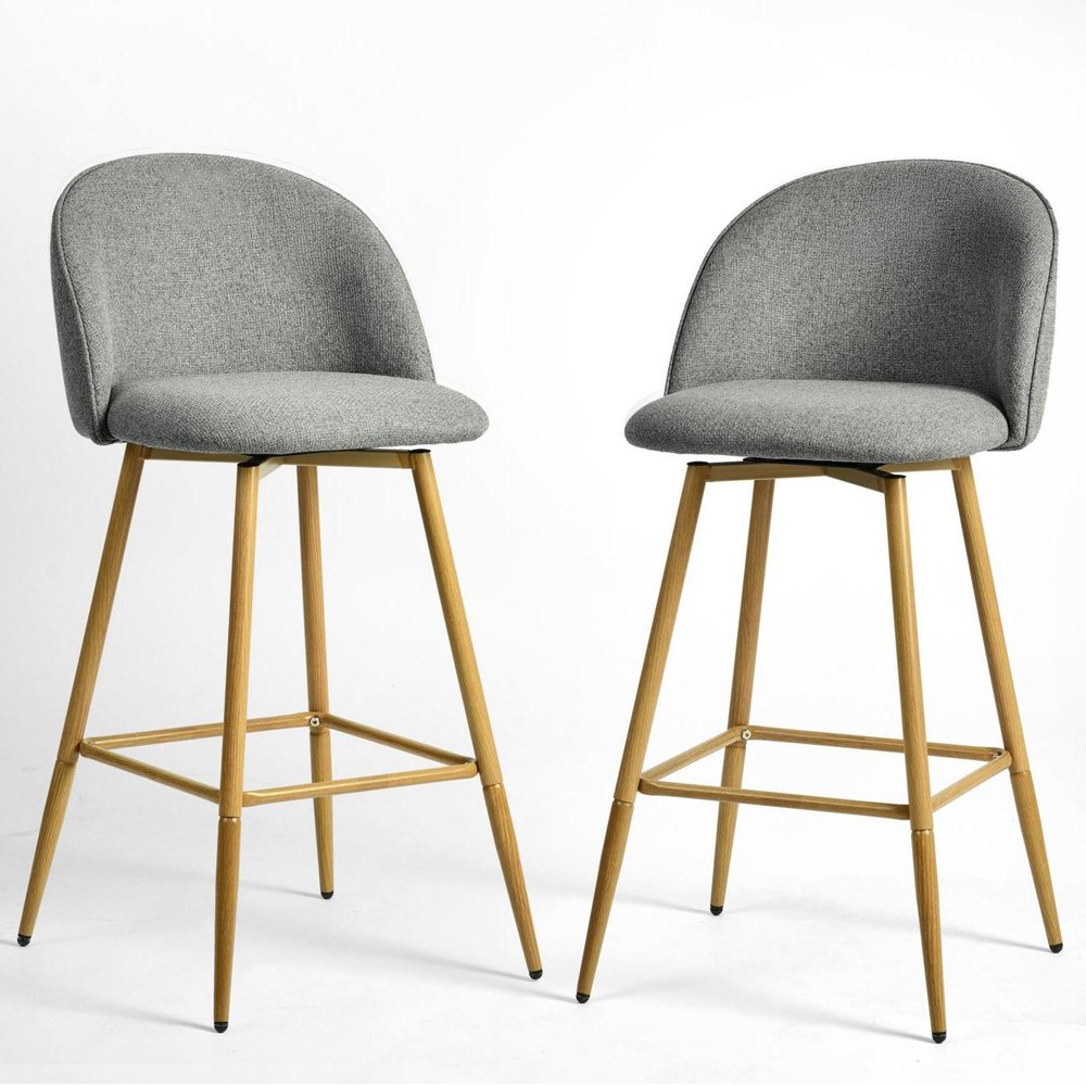 Set of Two 27" Gray And Oak Fabric And Metal Low Back Counter Height Swivel Bar Chairs