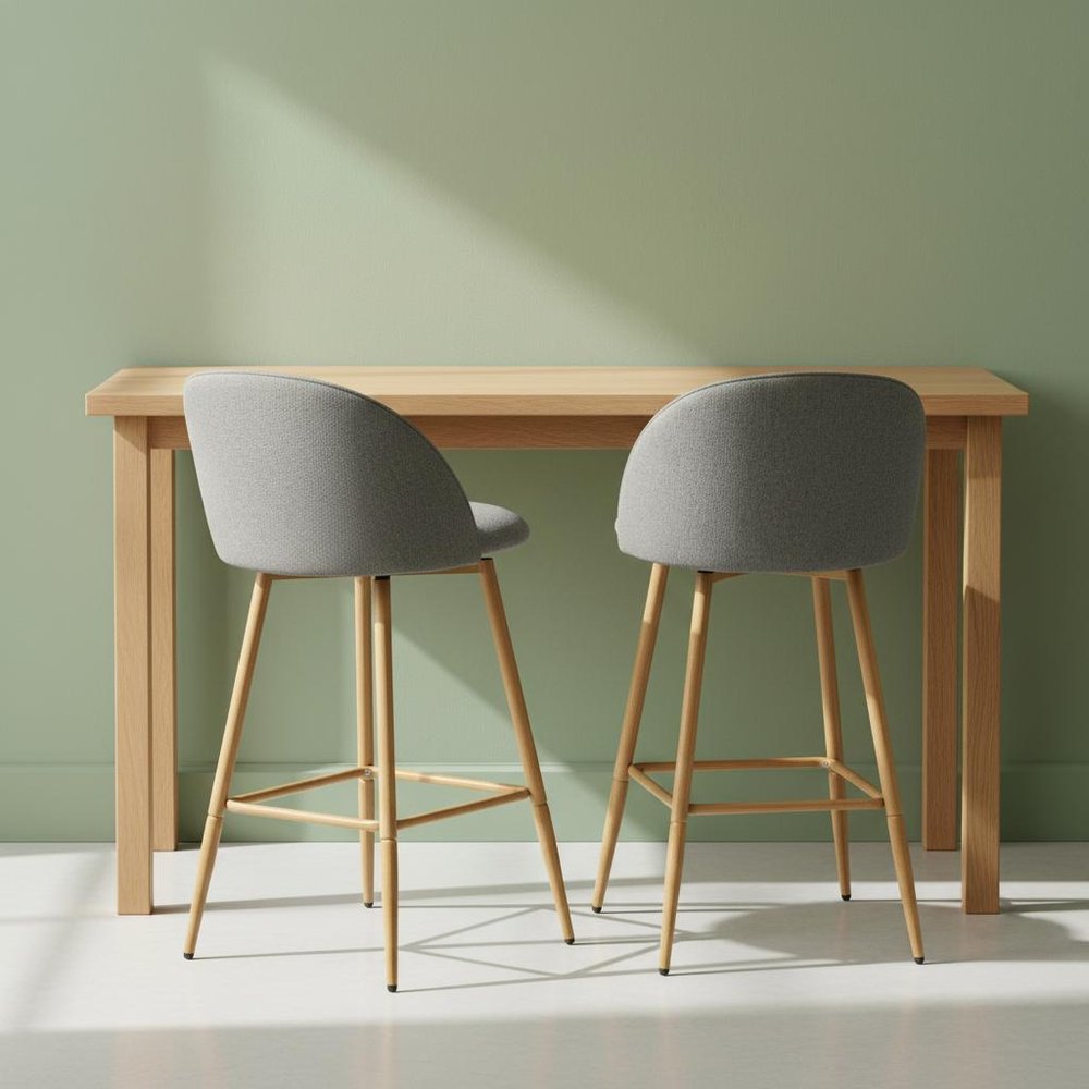 Set of Two 27" Gray And Oak Fabric And Metal Low Back Counter Height Swivel Bar Chairs