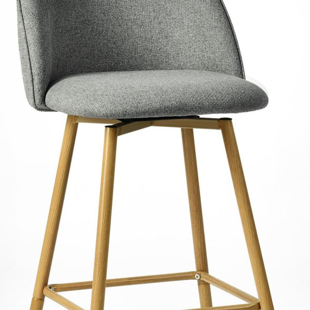 Set of Two 27" Gray And Oak Fabric And Metal Low Back Counter Height Swivel Bar Chairs
