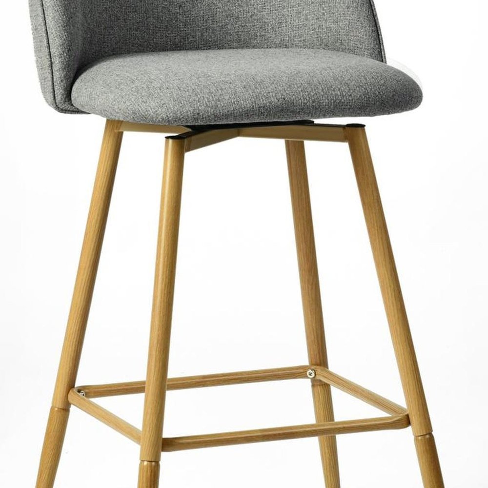 Set of Two 27" Gray And Oak Fabric And Metal Low Back Counter Height Swivel Bar Chairs