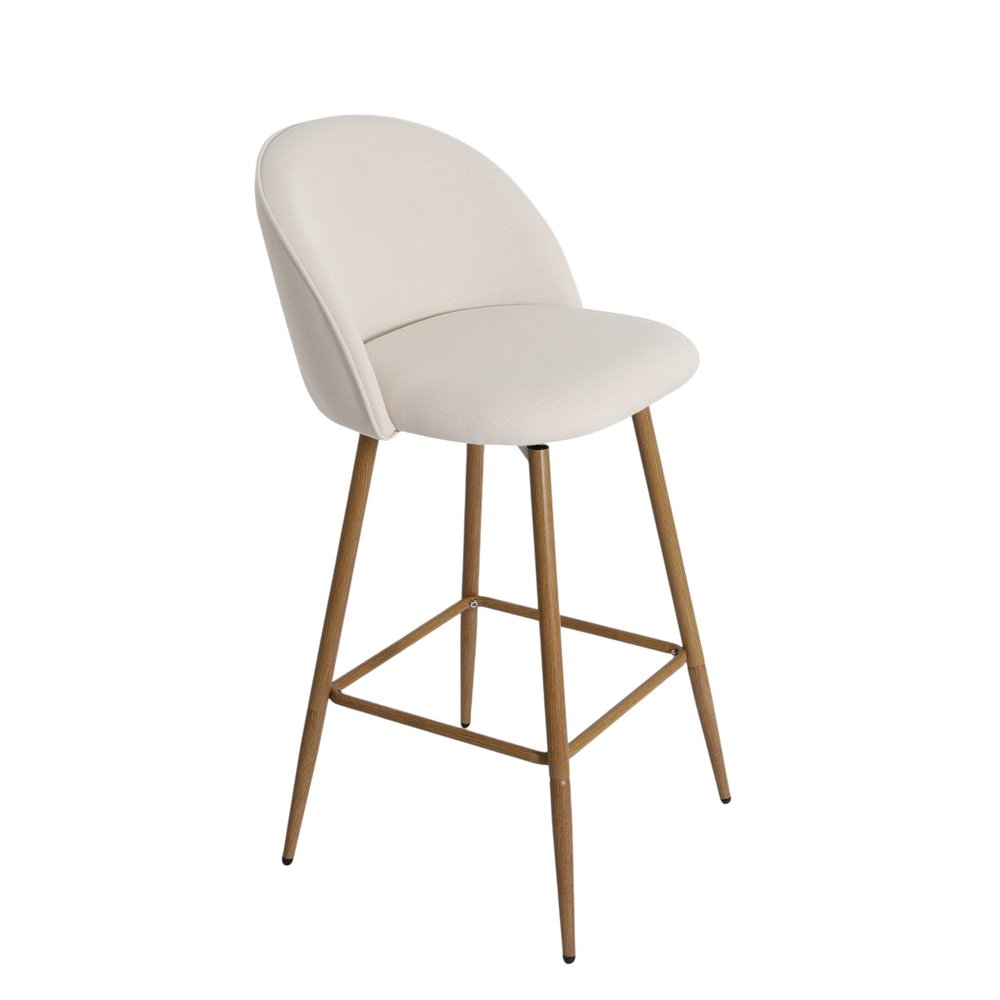 27" Beige And Oak Fabric And Metal Low Back Counter Height Swivel Bar Chair