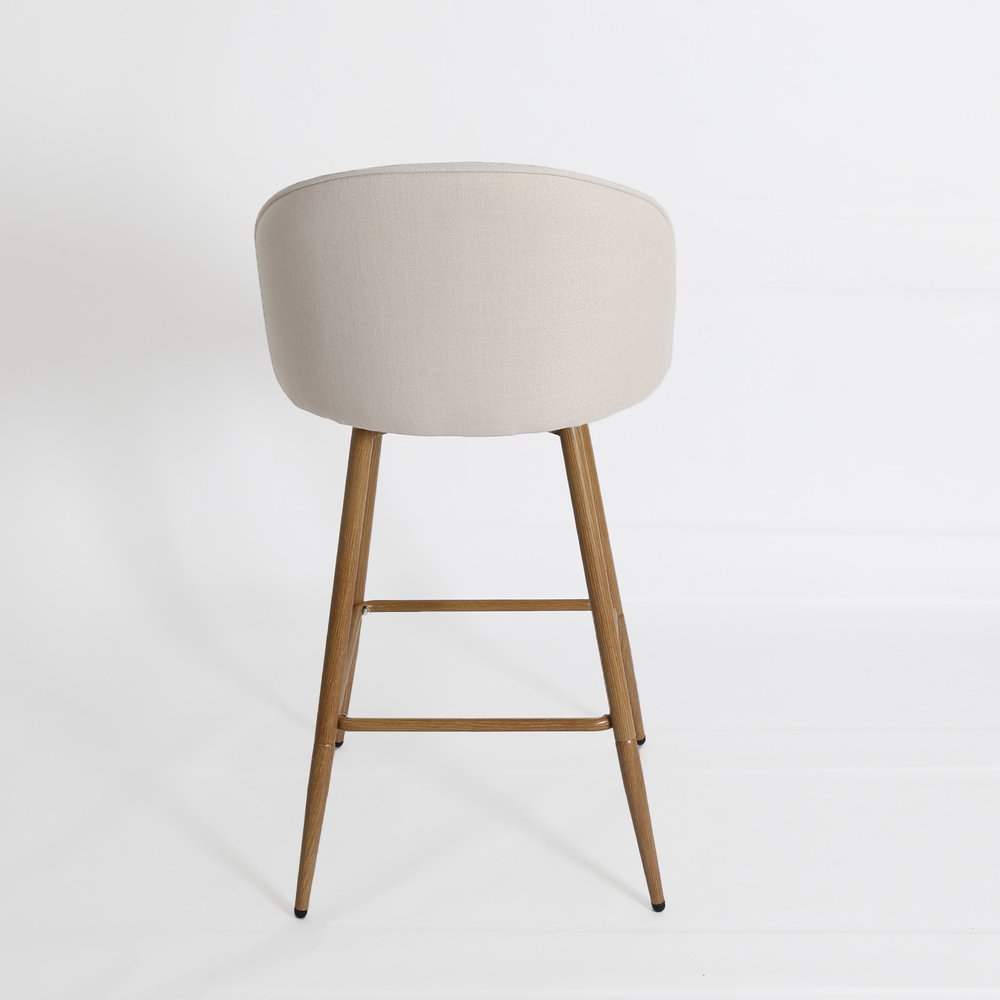 27" Beige And Oak Fabric And Metal Low Back Counter Height Swivel Bar Chair
