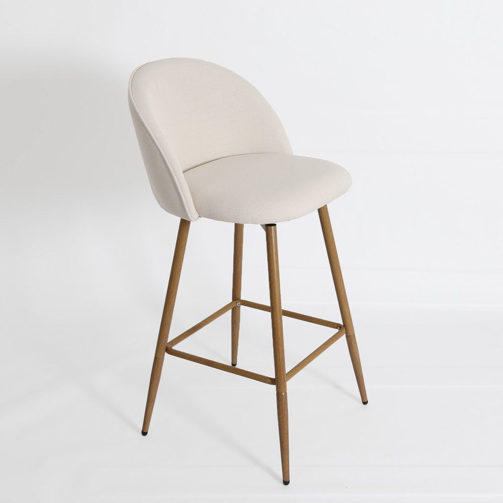 27" Beige And Oak Fabric And Metal Low Back Counter Height Swivel Bar Chair