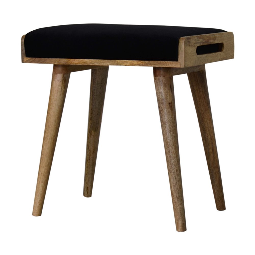 20" Black and Oak Velvet And Solid Wood Footstool