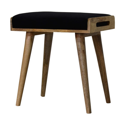 20" Black and Oak Velvet And Solid Wood Footstool