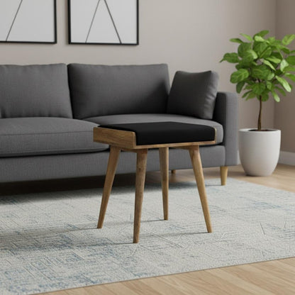 20" Black and Oak Velvet And Solid Wood Footstool