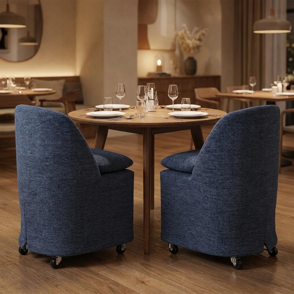 Set of Two Blue Chenille Wing Back Dining Chairs With Wheels