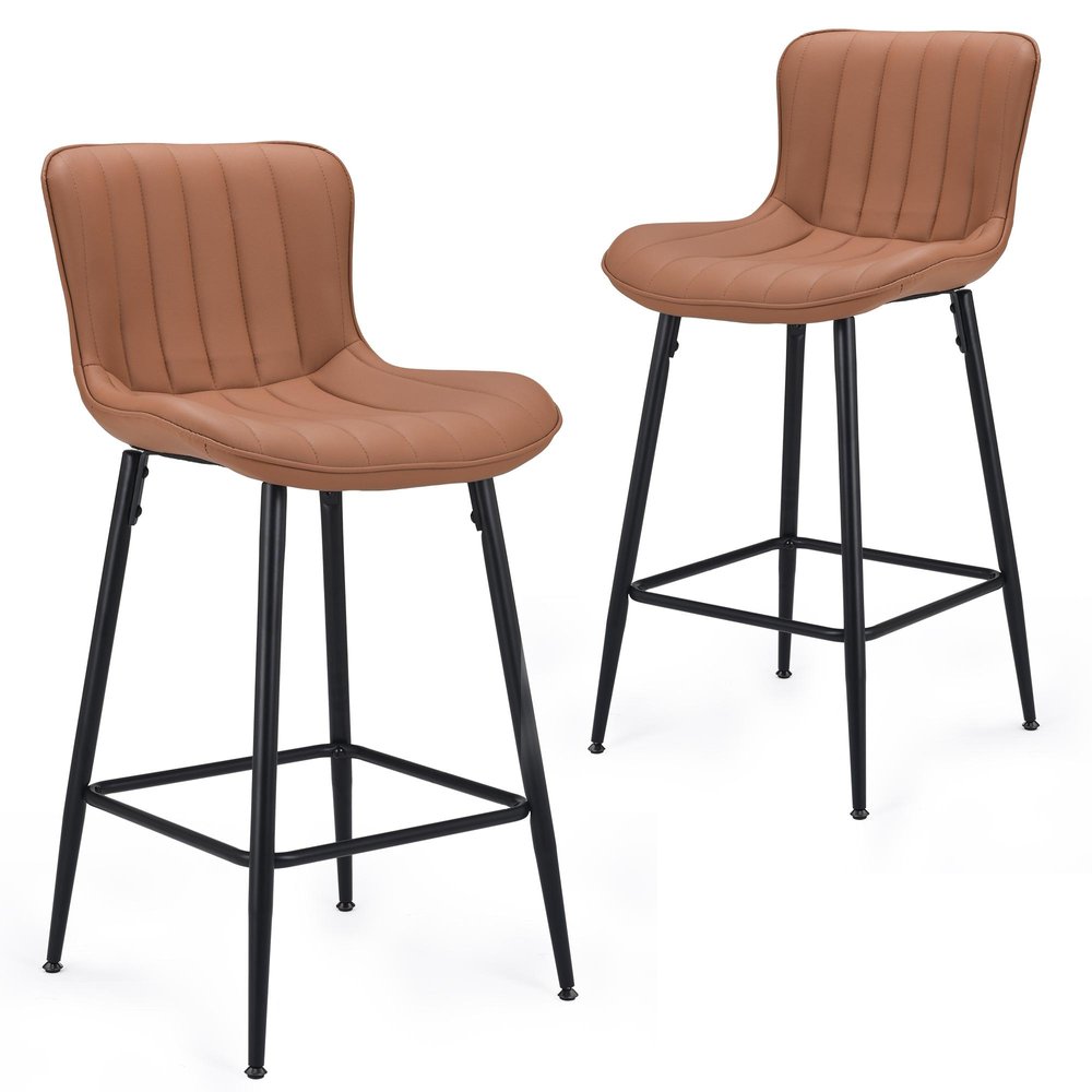 Set of Two 27" Brown And Black Faux Leather And Metal Low Back Counter Height Bar Chairs