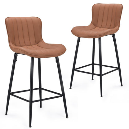 Set of Two 27" Brown And Black Faux Leather And Metal Low Back Counter Height Bar Chairs