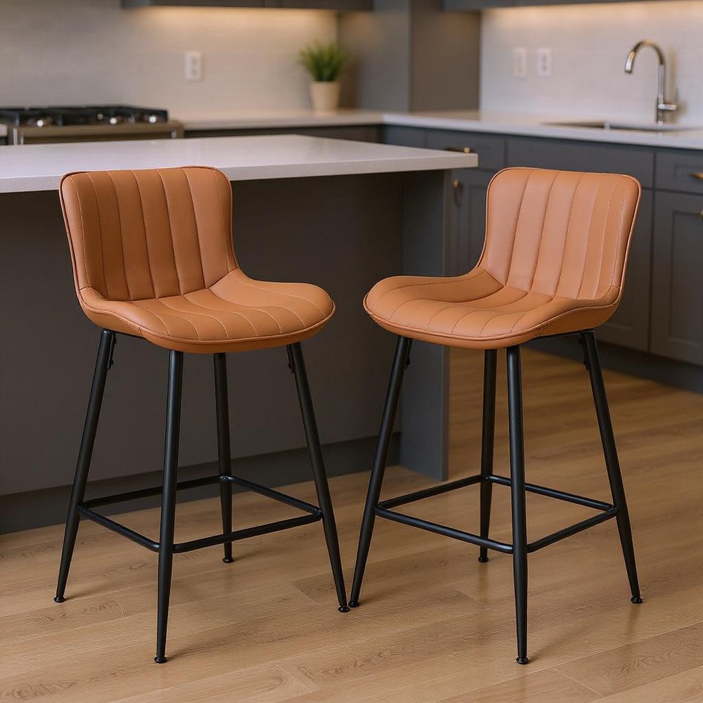 Set of Two 27" Brown And Black Faux Leather And Metal Low Back Counter Height Bar Chairs
