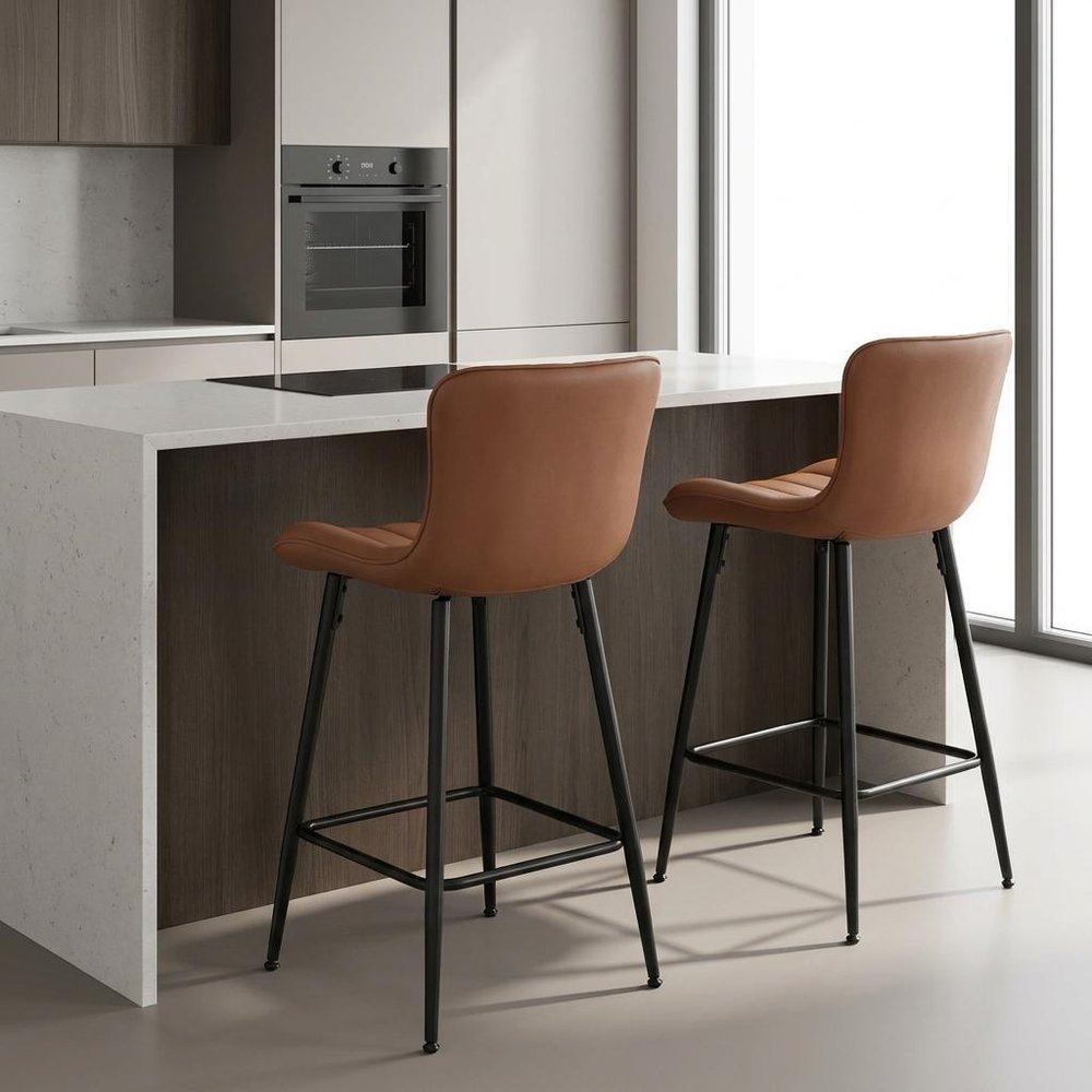 Set of Two 27" Brown And Black Faux Leather And Metal Low Back Counter Height Bar Chairs