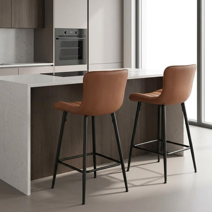 Set of Two 27" Brown And Black Faux Leather And Metal Low Back Counter Height Bar Chairs